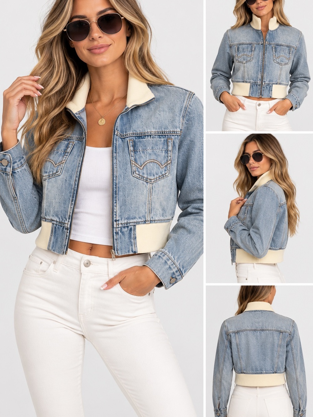 0543.New Light Blue Denim Bomber Jacket with Cream Trim